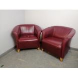 A pair of contemporary tub chairs by Grassoler, upholstered in burgundy leather, on triangular beech