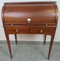 An Edwardian mahogany cylinder writing desk, decorated with satinwood banding & boxwood strung,