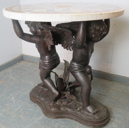 A good quality highly decorative Regency style circular specimen marble table on a figural bronze - Image 4 of 4