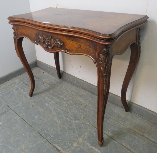 A good 19th century figured walnut serpentine fronted card table, with carved decoration, rear - Image 2 of 4