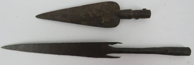 Tribal Art: Two African bronze spear heads. (2 items) 37 cm length, 23 cm length. Condition: Some