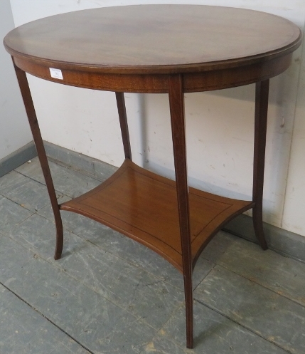 An Edwardian mahogany oval occasional table, crossbanded and parquetry strung, on tapering square - Image 2 of 3