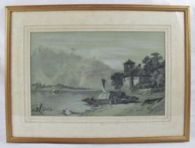 British School (1912) - 'Italian lake scene', pencil drawing heightened with white, indistinctly