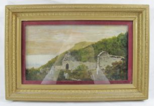 British School (late 19th/early 20th century) - 'Coastal graveyard and landscape', oil, 16cm x 30cm,