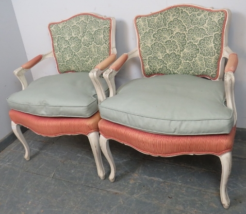 A pair of French Louis XV revival open sided armchairs, 20th century, upholstered backs and seats, - Image 2 of 3