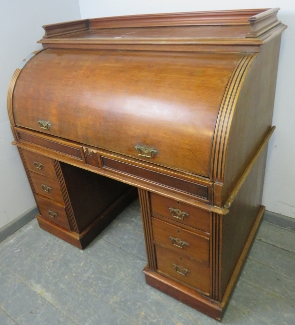 A 19th century roll top desk, having 3/4 gallery top above the revolving cylinder enclosing - Image 2 of 4