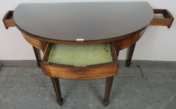 A Georgian mahogany demi-lune serving table strung with ebony, housing three blind drawers, on - Image 3 of 3