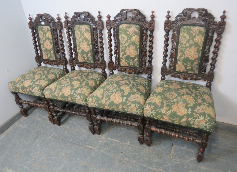 A set of four 19th century Carolean Revival carved oak dining chairs, with busy foliate - Image 3 of 3