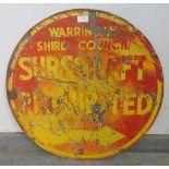 A vintage double-sided steel sign painted in yellow and orange with the slogan ‘Warning Australian