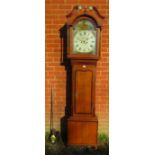 A George III mahogany banded oak cased chiming 8 day longcase clock, the 13" arched dial painted