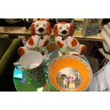 An Adams "Cries of London" bowl, a 19th century loving cup and a pair of repro spaniels.