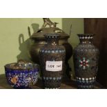 Three Oriental metal pots and a Chinese scent pot
