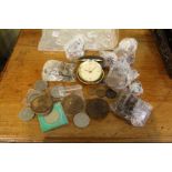 Selection of collectable items to include coinage, medallions, clock etc
