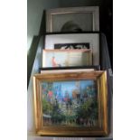 A crate of decorative pictures to include original art works.