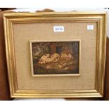 An oil painting of pig and piglets, decoratively framed