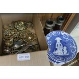 A selection of domestic metal wares, pair of leather covered French jockey club binoculars etc