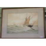 R Howe - a water colour of fishing vessels in a squally sea.