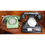 An early bakelite telephone, GPO phone with original cotton cables, and a modern adapter, together w