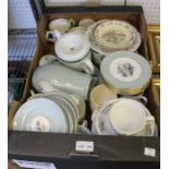 A box of china table wares including commemorative tankards, tea and coffee services etc.