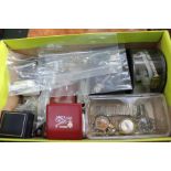 A Box of watches costume jewellery and Badges