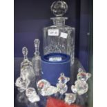 Seven 1980s crystal animals (one boxed), a decanter and two bells