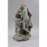 A Late 18th century Derby patch mark porcelain figure of Shakespeare, leaning upon books, atop a col