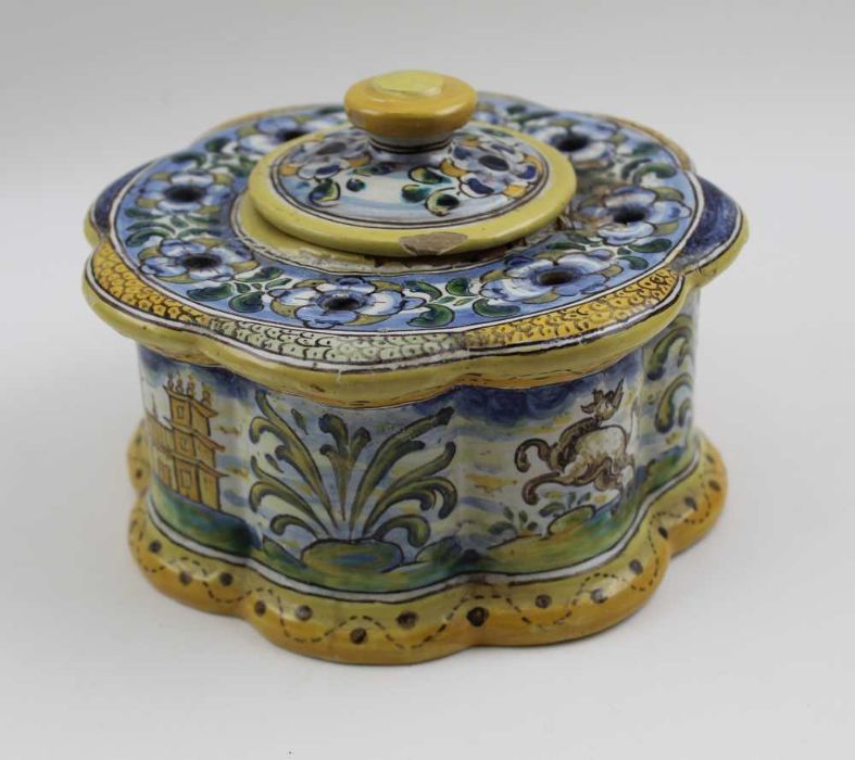 A 19th century Spanish tin glazed Faience earthenware table top inkwell