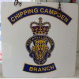 A hanging double sided Chipping Campden Royal British Legion sign. 61 cm square.