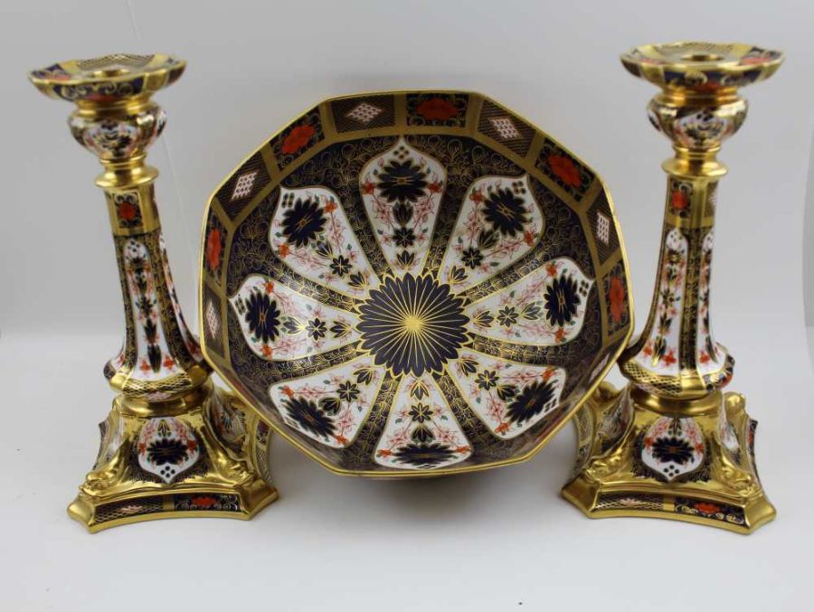 A pair of Royal Crown Derby bone china candlesticks, decorated and gilded in the Imari palette No. 1 - Image 6 of 20