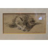 British School "Let it Rain" (study of a sleeping cat), pencil drawing, 9cm x 18.5cm, inscribed, gil