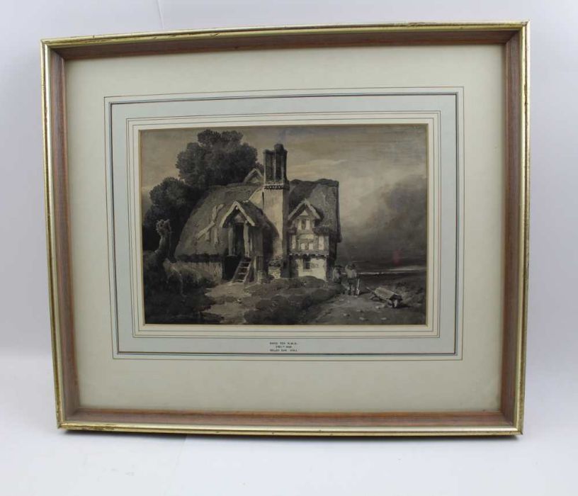 David Cox R.W.S. (1783-1859) "Selley Oak Hall" en grisaille watercolour painting, signed, 18cm x 26c