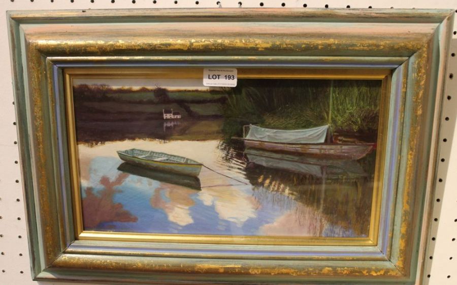 F. John Owen "River Landscape" (with tied up row boat and distant cottage) oil painting on board, si - Image 6 of 7