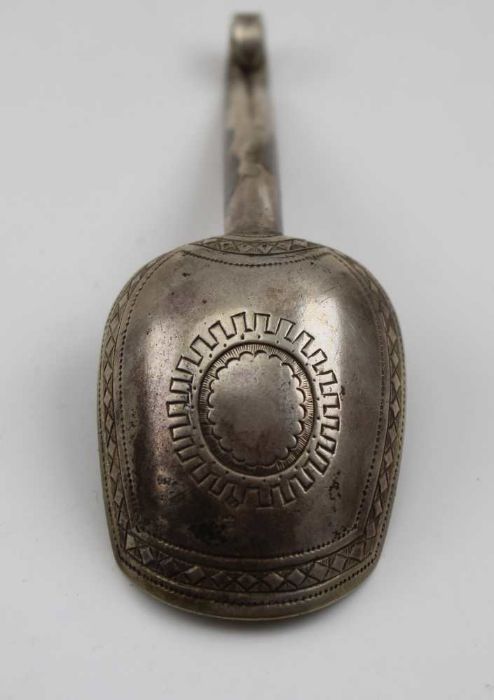 A Russian silver caddy spoon, scroll tip handle, chased decoration, bears "84" mark - Image 2 of 2