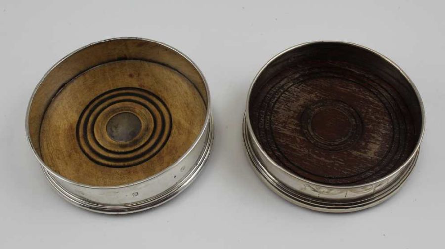 Two Georgian design silver bottle coasters, with turned wood bases, both late 20th century - Image 2 of 5