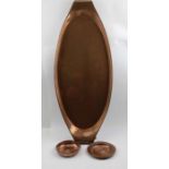 WAS Benson, an arts & crafts copper oval tray, c.1900, with twin curled handles, 74cm wide, stamped,