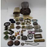 A collection of decorative buckles and costume jewellery, includes a pair of bright cut steel shoe b