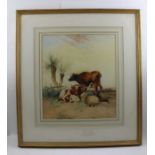 Frederick Valter (1850-1930) "Cattle and Sheep in a Meadow", watercolour painting, signed and dated