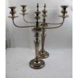 A pair of silver plated table candelabra, removable fitted twin branch mounts, Georgian design, 53cm