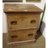 A rustic pine two drawer chest with flush folding handles. 80 x 66cm.