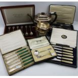 A cased set of silver Royal commemorative spoons, a cased silver child's pusher & spoon, silver weig