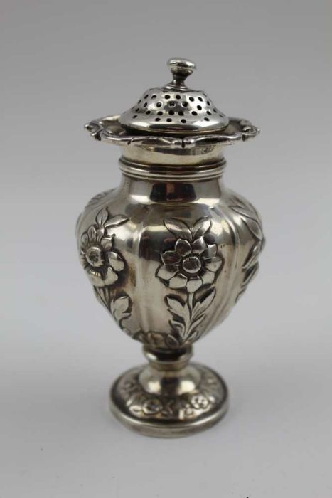 William Bennett, A William IV silver sifting pot, vase form, embossed with panels of flowers on circ