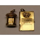 Two items of 9ct gold, includes a Post Box charm & miniature Savings Bank, combined weight 4g