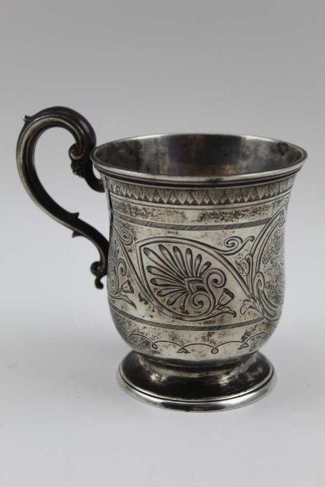 James McKay, a mid 19th century silver Christening mug, scroll handle, engraved anthemion decoration