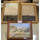 Three small framed oil paintings on board, includes distant sailing ship on the horizon (3)