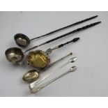 Edward Barnard & Sons Ltd. An Edwardian silver gilt anointing spoon, a pair of Georgian silver sugar