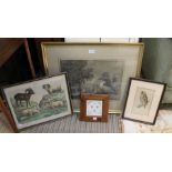 A late 19th century drawing of a farm, framed, a print of sheep, a print of an owl