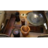 A small mahogany easel, small items of treen including a dice shaker, and a pewter dish.