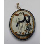 A George III oval Prattware wall plaque, c.1800, relief moulded decoration of a putti painted in och