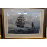 After J. Steven Dews - a signed limited edition print of a British Navy ship at almost full sail.