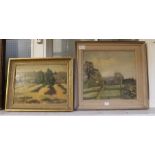 John Bill, "Cotswold Stubble- Salperton, oil on board, and one other oil painting of a farm, both fr